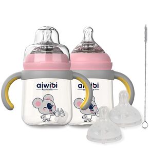 PPSU Baby Bottle Wide Neck, Anti-Colic Baby Bottle with Weighted Straw, Medium Flow Nipple, Removable Handles, 8 Ounces, 2 Count, 6+ Months