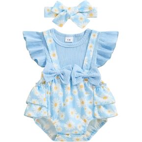 Baby Girl Outfit Floral Daisy Romper Newborn Dress Ruffle Infant Jumpsuit Dresses Cute Summer Clothes and Headband