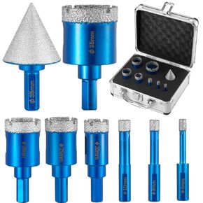 Diamond Drill Bits Set 8 PCs for Granite Ceramic Marble Tile Stone,Core Drill Bits Kit for Drilling Holes Diameter of 6/8/10/20/25/28/35mm+35mm Hex Shank Beveling Chamfer Bit