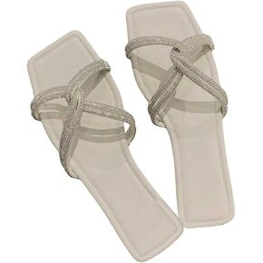 OYOANGLE Women's Flat Sandals Rhinestone Criss Band Elegant Square Open Toe Dressy Slides Sandals