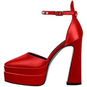 Women’s Double High Chunky Platform Pointed Closed Toe Chunky Heels Ankle Strap Rhinestone Pumps Shoes for Dress Wedding Party