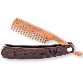 Wooden Beard Comb for Men Folding Pocket Comb for Moustache Beard & Hair Walnut Combs with the Engraving (Dangerous Man)
