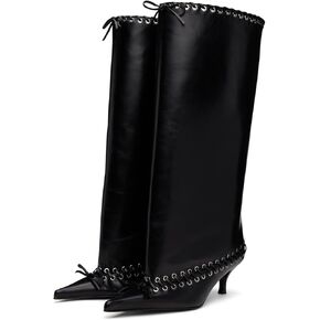 Goolita Women's Pointed Toe Metal Eyelets Knee High Boots Kitten Heel Lace Up Bow Slip on Wide Calf Tall Boots