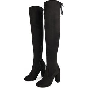 Women's Thigh High Block Stiletto Heel Over The Knee Boots, Faux Suede Elasticity, Long Black Boots, Round Toe&Pointed Toe, Side Zip Sexy Boots for Winter Fall
