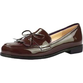 LEMUTISME Women's Trendy Patent Leather Comfort Casual Closed Round Toe Slip On Bow-Knot Dress Flat Loafers Pump Shoes with Tassal