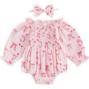 Baby Girls Valentines Day Outfits Bow Heart Print Puff Sleeve Bubble Smocked Romper Cotton Linen Bodysuit Headband
