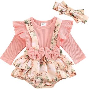 Baby Girl Romper Ribbed Floral Print Long Sleeve Bodysuit Jumpsuits with Headband Newborn Girl Clothes