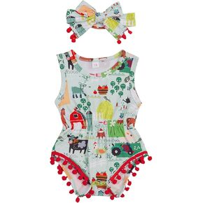 Newborn Baby Girl Summer Romper Sleeveless Farm Print Pompom Tassel Bodysuit Jumpsuit Headband 2Pcs Outfit