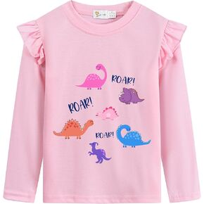 Cute Toddler Girls Dinosaur Shirt Cotton Ruffle Long Sleeve Shirt Little Kids Pink Pullover Crewneck Tops 5T