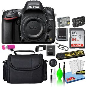Nikon D610 24.3MP DSLR FX-Format Digital Camera (Body Only) (1540) Deluxe Bundle with 64GB SD Card + Large Camera Bag + Spare EN-EL15 Battery + Camera Cleaning Kit (Renewed)
