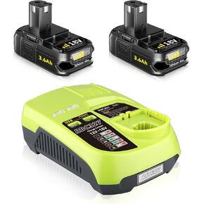 Upgrade to 2Pack 3.6Ah 18V P102 Battery + P117 Charger Replacement for Ryobi Battery and Charger with 3A Dual Chemistry IntelliPort(2 USB Ports) Compatible with Ryobi Lithium Combo Pack