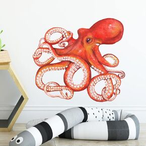 Red Octopus Wall Decal Nursery Sea Animal Wall Sticker Removable Peel and Stick Waterproof Wall Art Decor Stickers for Kids Baby Classroom Preschool Living Room Playing Room Bedroom School