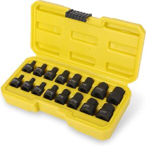HURRICANE 3/8 Inch Drive Low Profile Impact Hex Driver Set, 16 Pieces, SAE/Metric, 1/4-3/4 Inch, 6-19mm, Cr-Mo Steel, One-Piece Construction, Heavy Duty Storage Case