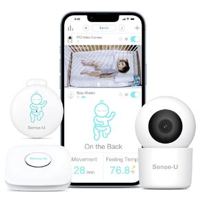 Sense-U Smart Baby Monitor 3+2K PTZ Camera - Tracks Abdominal Movement, Rollover, Temp, 2K Video, Audio, Motion, with Realtime Alert, Pan-Tilt-Zoom, Night Vision