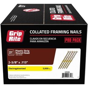 Grip-Rite 21 deg. 11-1/2 Ga. Ring Shank Angled Strip Framing Nails 2-3/8 in. L x 0.11 in. Dia. 1 - Case of: 1; Each Pack Qty: 5000; Total Items Qty: 5000