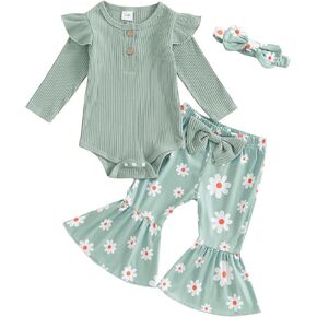 Newborn Baby Girl Clothes Ribbed Long Sleeve Ruffle Romper Floral Flare Pants Headband Infant Fall Winter Outfit