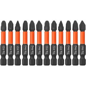12PCS Magnetic Pozidriv & Phillips Screwdriver Bit Set, 50mm / 2 Inch Long Pozi Phillips Bits S2 Steel 1/4 Inch Hex Shank Impact Screw Driver Drill Bits (PZ1,PZ2,PZ3,PH1,PH2,PH3)