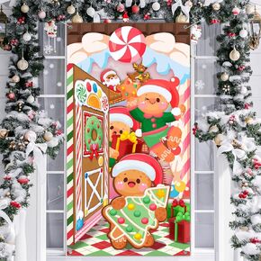 Christmas Door Cover Decoration,Gingerbread House Door Cover,Gingerbread Man Christmas Door Hanging Cover Xmas Holiday Xmas Eve Door Cover for Christmas Winter Party Ginger Bread.
