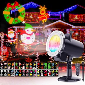 Holiday Projector Lights Outdoor, WFOJOO Led Christmas Projector Light with 16pc Slides Patterns IP65 Waterproof Christmas Decorations Birthday Party Decorative Indoor Outdoor Lighting Projectors