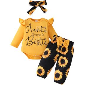 Newborn Baby Girl Clothes Sunflower Outfit Ruffle Romper Tops Floral Pants Outfit Fall Winter Clothing