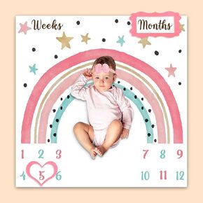 Colorful Rainbow Baby Monthly Milestone Blanket, Girl Crown Star Pattern, Newborns 1 to 12 Months Unisex Include 4 Frames and 1 Headband 47"x47" BTLSPH634
