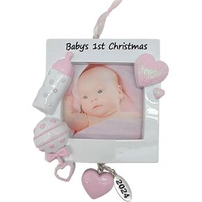 Second Walnut Baby Girl Frame Ornament Baby's First Christmas Photo Frame Hanging Ornament Pink - Added Year Date Tag in Gift Bag - Personalization at Home - in Gift Bag - Babys 1st Gift