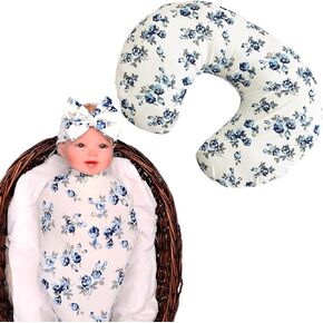Nursing Pillow Cover and 31.5 Inches x 31.5 Inches Muslin Swaddle Blanket with Headband Slipcovers for Breastfeeding Pillows for Baby Girl & Boy,Red