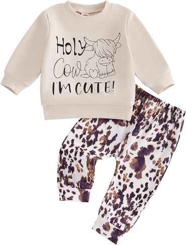 Western Baby Girl Boy Fall Clothes Holy Cow I'm Cute Sweatshirt Cow Print Pants Set 2Pcs Cowboy Cowgirl Outfit in Saudi Arabia
