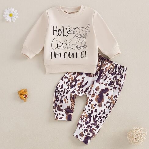 Western Baby Girl Boy Fall Clothes Holy Cow I'm Cute Sweatshirt Cow Print Pants Set 2Pcs Cowboy Cowgirl Outfit in Saudi Arabia