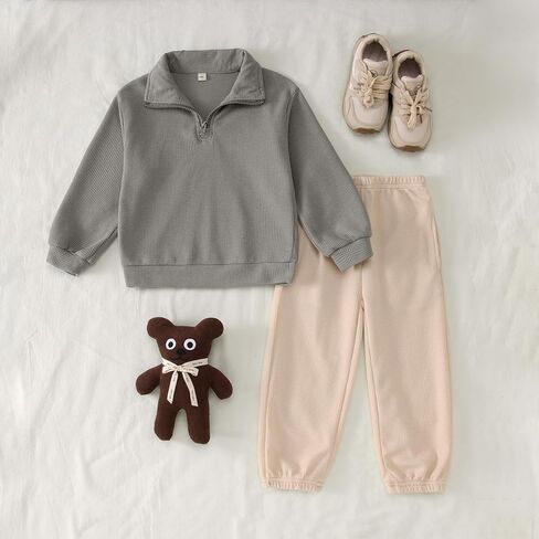 Toddler Baby Boy Clothes Outfits Waffle Knit Long Sleeve Solid Sweatshirt Tops+Pants Set 2pcs Fall Winter Sweatsuit in Kuwait