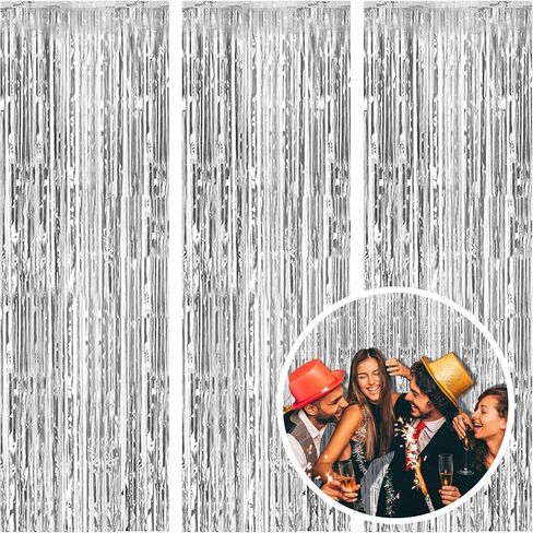 3 Pack Silver Foil Fringe Backdrop Curtains Party Streamers Metallic Tinsel Birthday Backdrop Christmas Bachelorette New Year Engagement Graduation Disco Party Decorations Glitter Backdrop in Kuwait