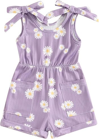Toddler Baby Girls Daisy Romper Clothes Ribbed Summer Ruffles Jumpsuit Overalls One-Piece Shortalls Playsuit Outfits in Kuwait