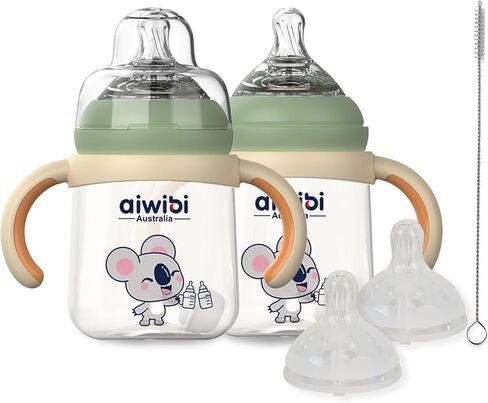 PPSU Baby Bottle Wide Neck, Anti-Colic Baby Bottle with Weighted Straw, Medium Flow Nipple, Removable Handles, 8 Ounces, 2 Count, 6+ Months in Saudi Arabia
