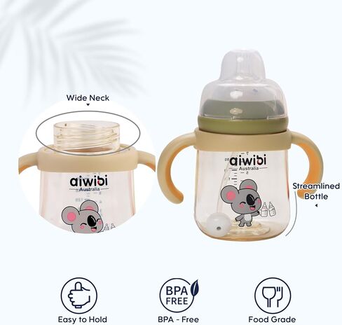 PPSU Baby Bottle Wide Neck, Anti-Colic Baby Bottle with Weighted Straw, Medium Flow Nipple, Removable Handles, 8 Ounces, 2 Count, 6+ Months in Saudi Arabia