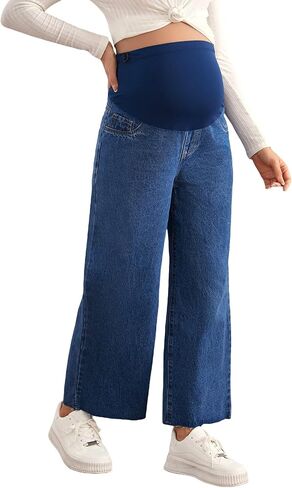 OYOANGLE Women's Maternity Oversized Adjustable Elastic Waist Work Wide Leg Pants Pregnancy Comfy Jeans in Saudi Arabia