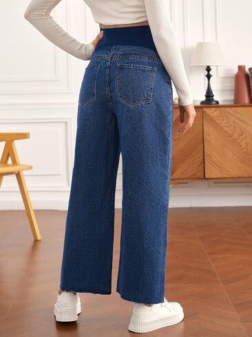 OYOANGLE Women's Maternity Oversized Adjustable Elastic Waist Work Wide Leg Pants Pregnancy Comfy Jeans in Saudi Arabia