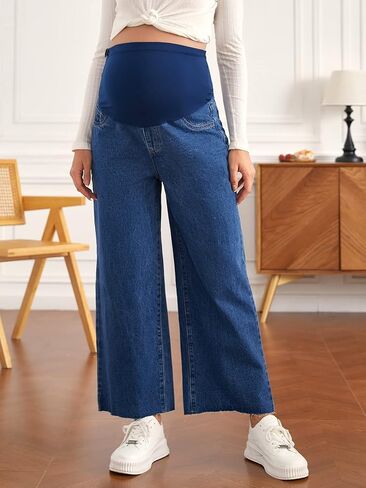 OYOANGLE Women's Maternity Oversized Adjustable Elastic Waist Work Wide Leg Pants Pregnancy Comfy Jeans in Saudi Arabia