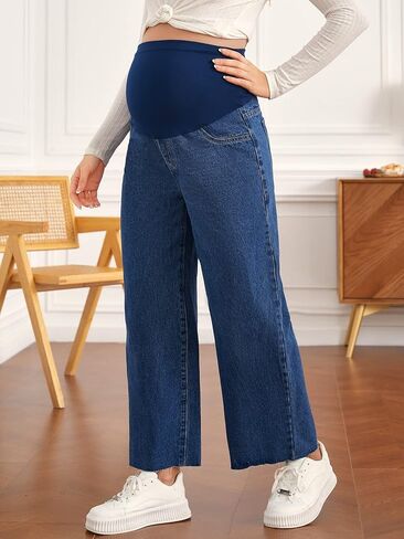 OYOANGLE Women's Maternity Oversized Adjustable Elastic Waist Work Wide Leg Pants Pregnancy Comfy Jeans in Saudi Arabia