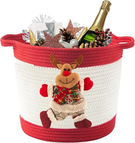 Christmas Basket with Reindeer Doll, Woven Cotton Rope Christmas Storage Basket for Gifts Empty, Christmas Toy Baskets for Baby Towels, Diapers, Christmas Gifts Basket Empty, Green in Saudi Arabia