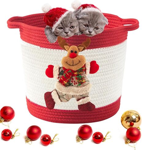 Christmas Basket with Reindeer Doll, Woven Cotton Rope Christmas Storage Basket for Gifts Empty, Christmas Toy Baskets for Baby Towels, Diapers, Christmas Gifts Basket Empty, Green in Saudi Arabia