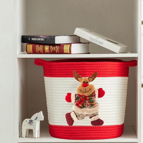 Christmas Basket with Reindeer Doll, Woven Cotton Rope Christmas Storage Basket for Gifts Empty, Christmas Toy Baskets for Baby Towels, Diapers, Christmas Gifts Basket Empty, Green in Saudi Arabia