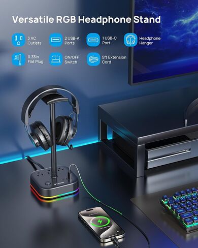 حامل سماعة رأس TROND مع PD 20W USB C، حامل سماعة رأس للألعاب RGB مع 3 منافذ تيار متردد، 2 USB-C و1 USB-A، سلك تمديد قابل للسحب بطول 5 أقدام مع قابس مسطح، لملحقات الكمبيوتر المكتبية، هدايا الألعاب، أسود in Saudi Arabia