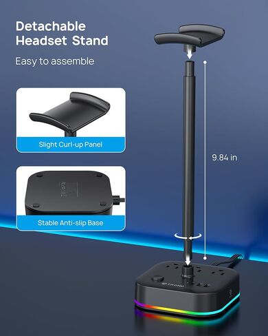 حامل سماعة رأس TROND مع PD 20W USB C، حامل سماعة رأس للألعاب RGB مع 3 منافذ تيار متردد، 2 USB-C و1 USB-A، سلك تمديد قابل للسحب بطول 5 أقدام مع قابس مسطح، لملحقات الكمبيوتر المكتبية، هدايا الألعاب، أسود in Saudi Arabia