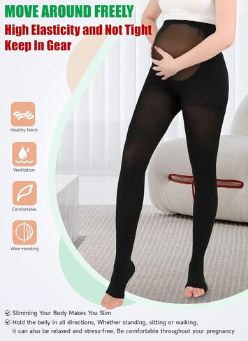 MGANG Compression Maternity Pantyhose - Opaque Pregnancy Tights, Open Toe, 20-30 mmHg Moderate Support for Swelling, Varicose Veins, Waist High Compression Stockings for Women Circulation, Black 3XL in Kuwait