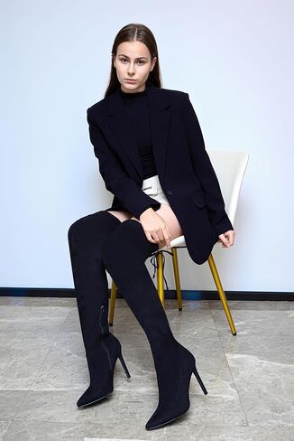 Women's Thigh High Block Stiletto Heel Over The Knee Boots, Faux Suede Elasticity, Long Black Boots, Round Toe&Pointed Toe, Side Zip Sexy Boots for Winter Fall in Kuwait