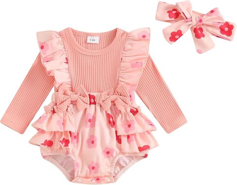 Baby Girl Romper Ribbed Floral Print Long Sleeve Bodysuit Jumpsuits with Headband Newborn Girl Clothes in Kuwait