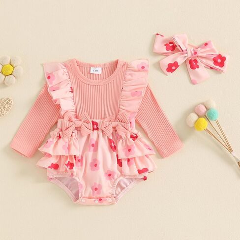 Baby Girl Romper Ribbed Floral Print Long Sleeve Bodysuit Jumpsuits with Headband Newborn Girl Clothes in Kuwait