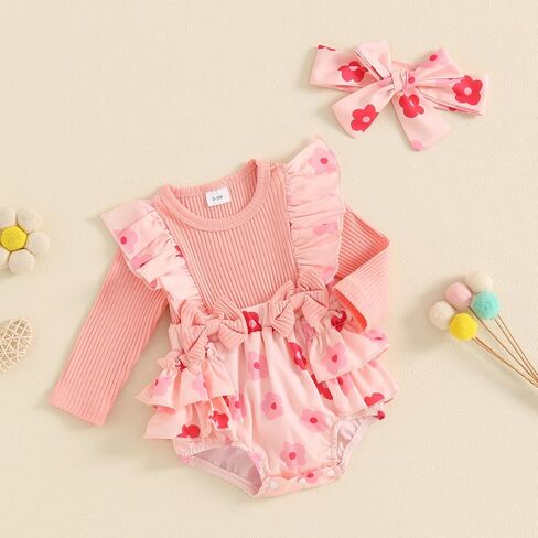 Baby Girl Romper Ribbed Floral Print Long Sleeve Bodysuit Jumpsuits with Headband Newborn Girl Clothes in Kuwait