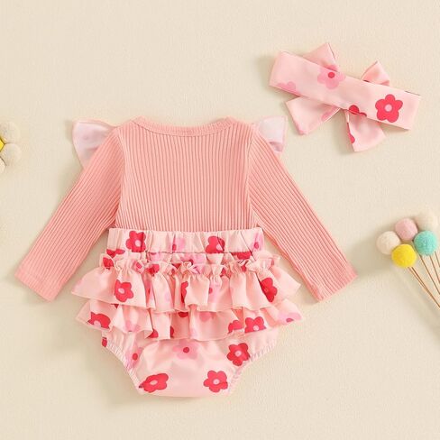 Baby Girl Romper Ribbed Floral Print Long Sleeve Bodysuit Jumpsuits with Headband Newborn Girl Clothes in Kuwait