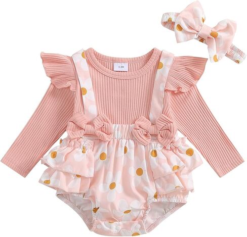 Baby Girl Romper Ribbed Floral Print Long Sleeve Bodysuit Jumpsuits with Headband Newborn Girl Clothes in Kuwait